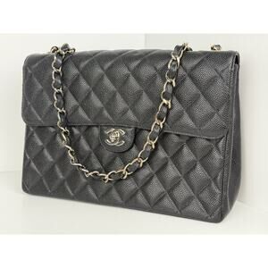 Chanel Jumbo Classic Flap Bag Black Caviar Leather Silver Hardware B-5